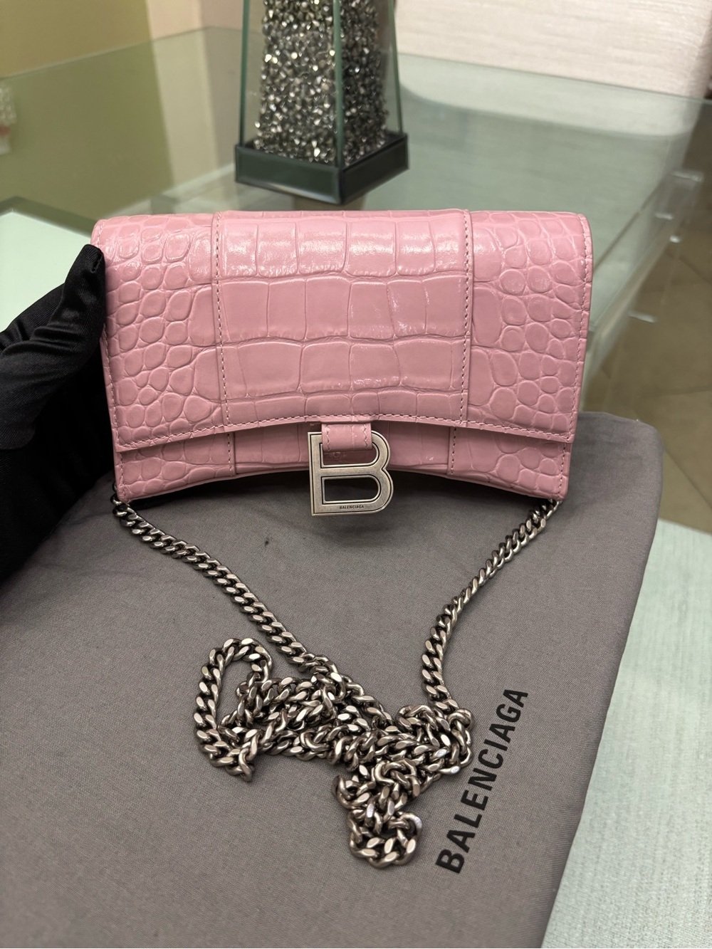 Authentic Balenciaga Pink Croc-Embossed Leather Wallet On Chain